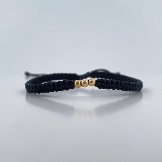 Black Bracelet 3mm 3 Pcs Polished Beads 18K Yellow Gold (A.C)