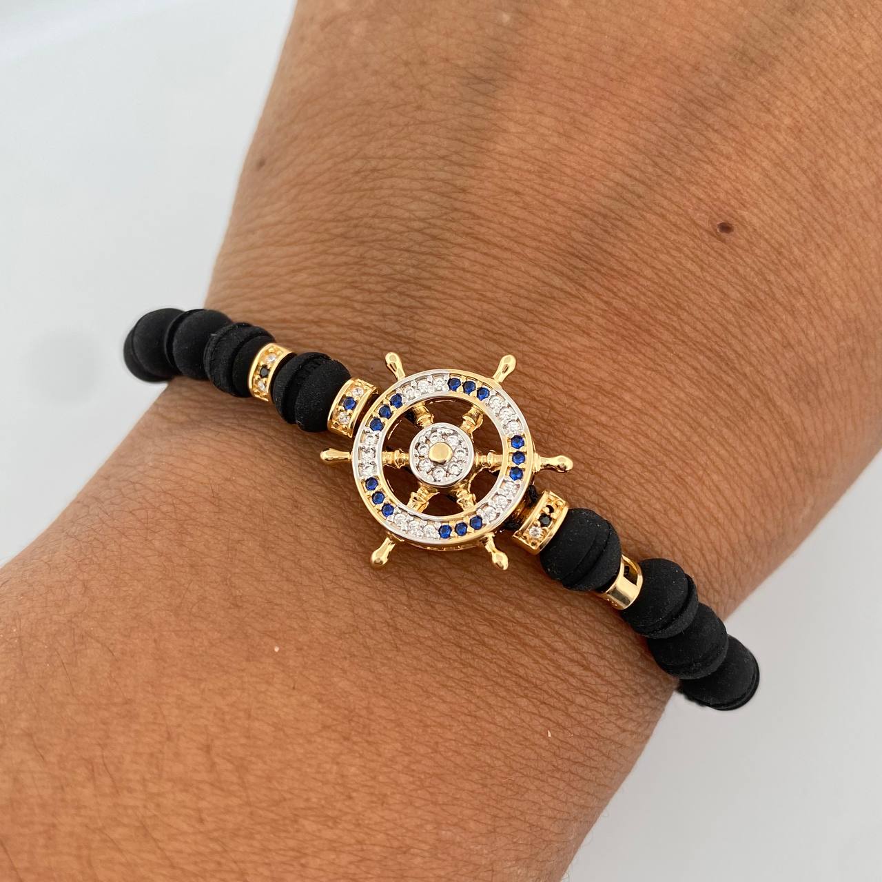Black Bracelet Charm Timon 3.9gr / White Black Blue Zircons Neoprenes Two Yellow White Gold 18K &
