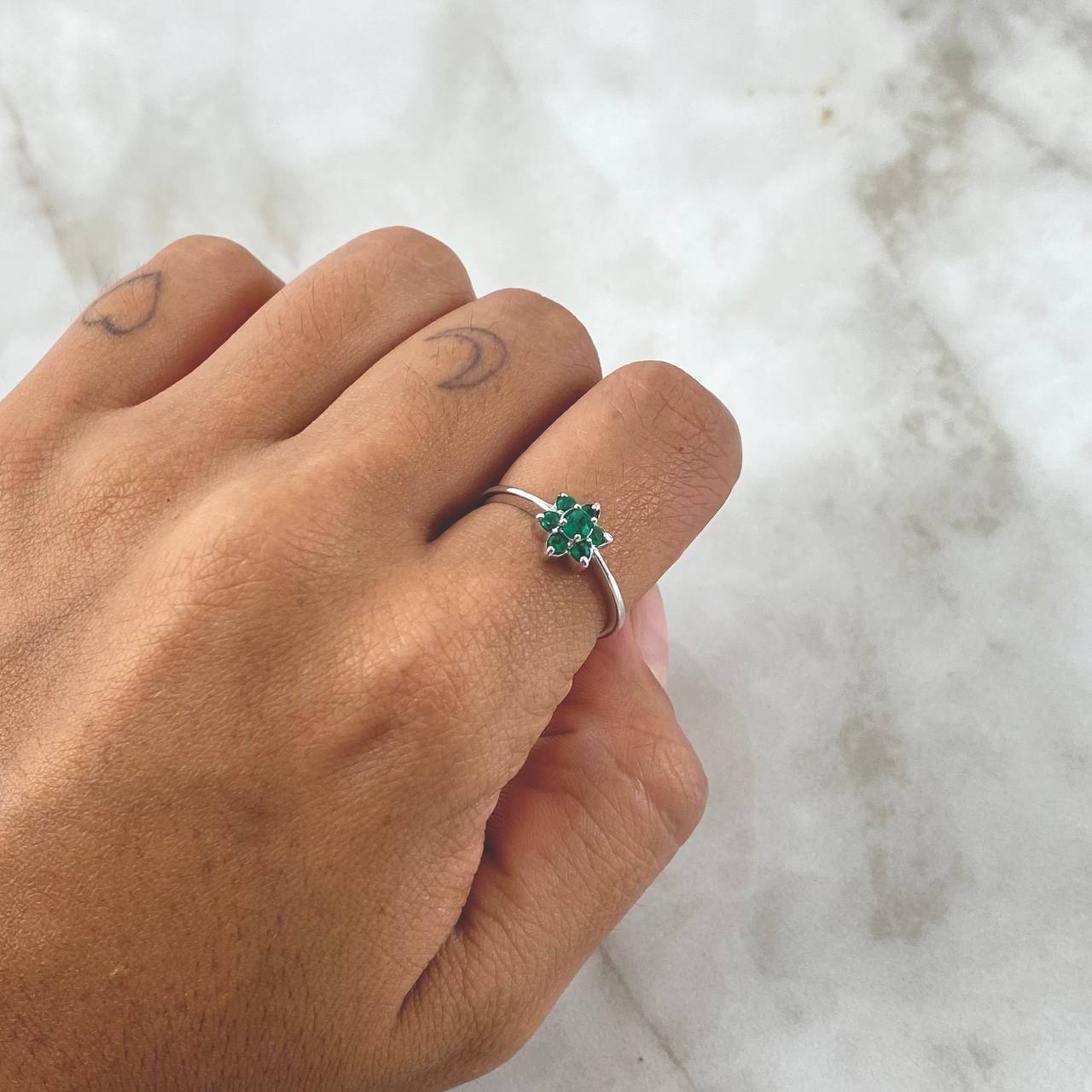 Ring Solitaire Dryad Flower 2.6gr T7 1/4 Emeralds Ring 23pts White Gold (Jewel)*