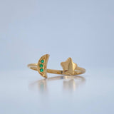 Star Moon Embrace Ring Emerald 1.65gr / Size 6 1/4 / 18K Gold &