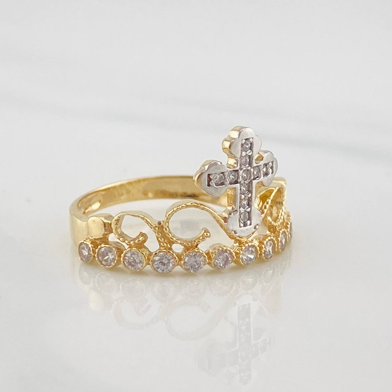 Anillo Corona Cruz 2.45g / T6 1/4 Dos Oros Amarillo Blanco 18K