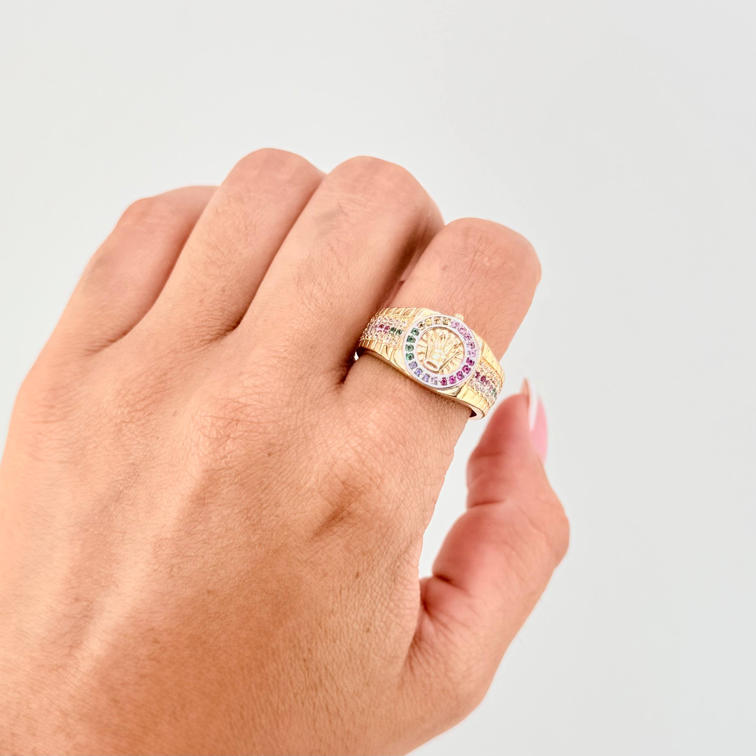 Anillo Cinturon Corona Arco Iris 5.2gr / T9 / Dos Oros Amarillo Blanco 18K ©