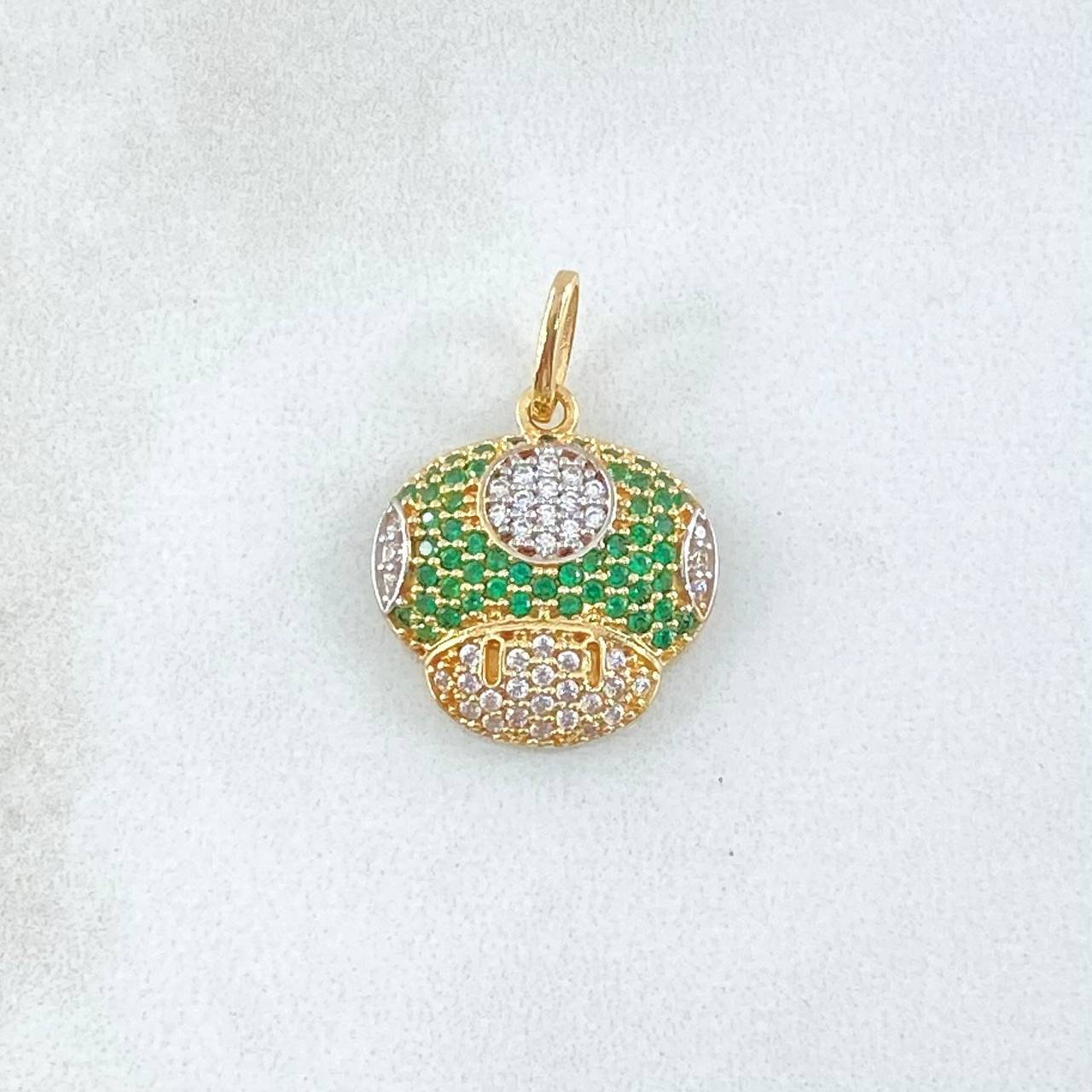 Pendant Animated Mushroom 2.2gr / 2.2cm / White Green Zircons 18K Yellow Gold ©