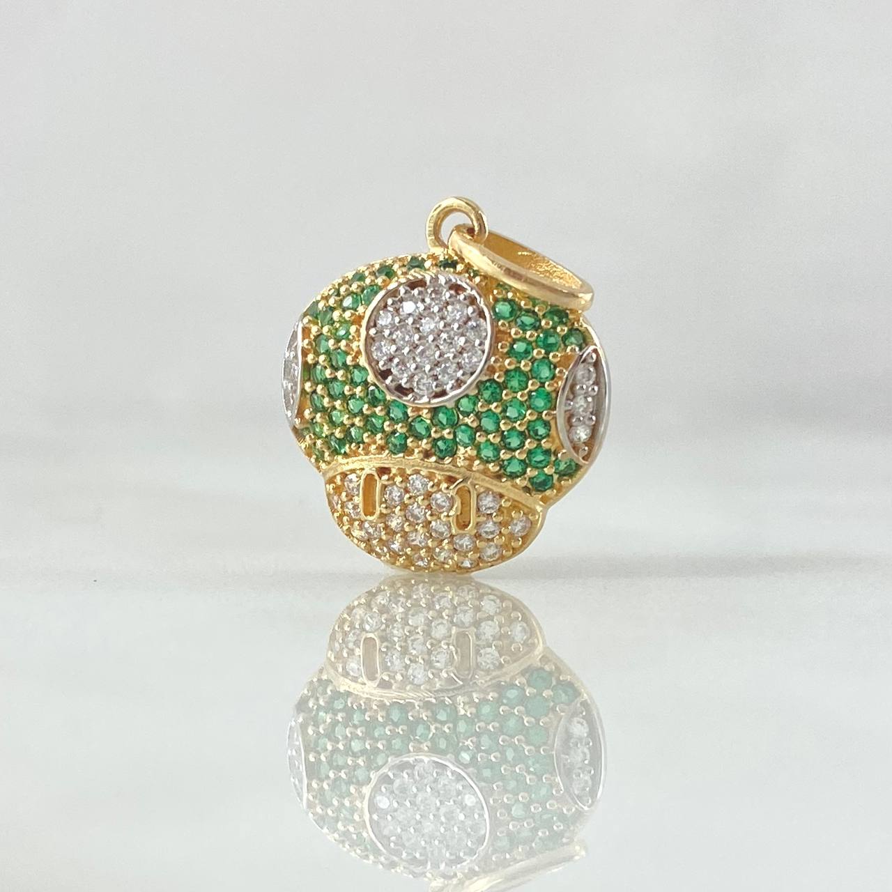 Pendant Animated Mushroom 2.2gr / 2.2cm / White Green Zircons 18K Yellow Gold ©