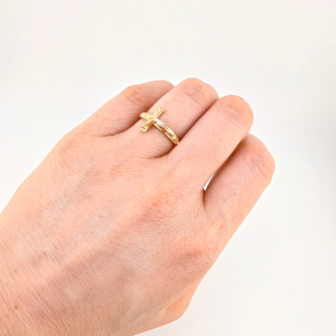 Punctuated Christ Cross Ring 3.05g / T7 Two-Tone Yellow White Gold 18K
