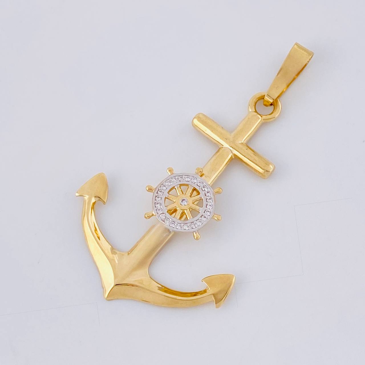 Dije Ancla Timón Móvil 4.4g / 2 1/4 in Dos Oros Amarillo Blanco 18K