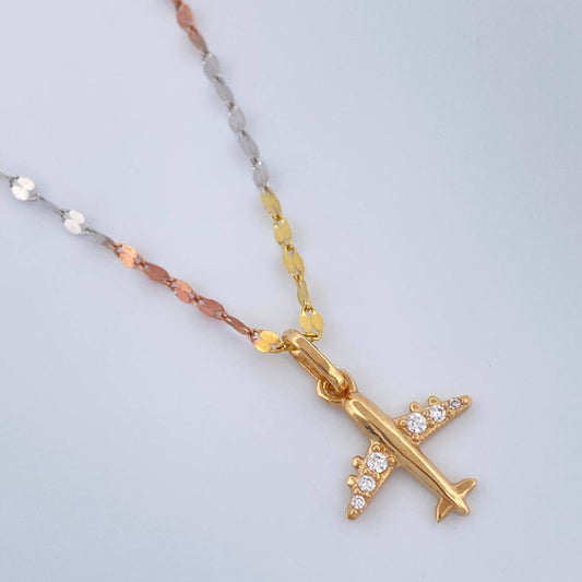 Set Cadena y Dije Flor Espejo + Avion 2gr / 17 3/4 in / Tres Oros 18K &