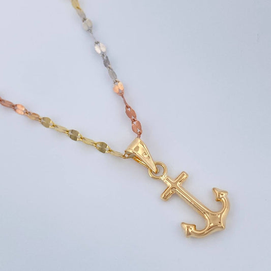 Set Cadena y Dije Flor Espejo + Ancla 1.55gr / 17 3/4 in / Tres Oros 18K &