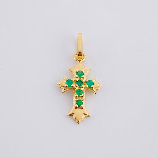 Dije Cruz Tres Puntas Esmeraldas 7pts 0.95g / 3/4 in Oro Amarillo 18K