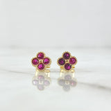 Stud Earrings Textured Edge Flower 2.05gr / 8mm Fuchsia Zircons 18K Yellow Gold