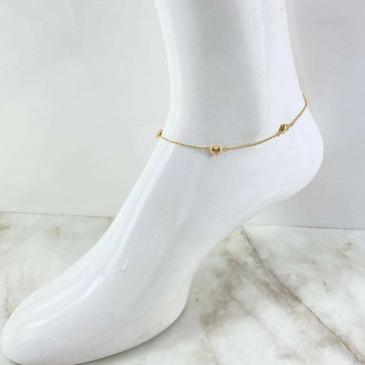 Ankle Bracelet Herringbone Hearts 2.85gr / Smooth Die-Cut 18K Yellow Gold *