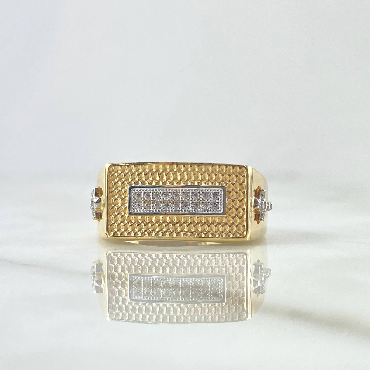 Rectangular Cross Ring 6.75gr / Size 10 3/4 / White Zircons Two-tone Yellow and White Gold 18K *
