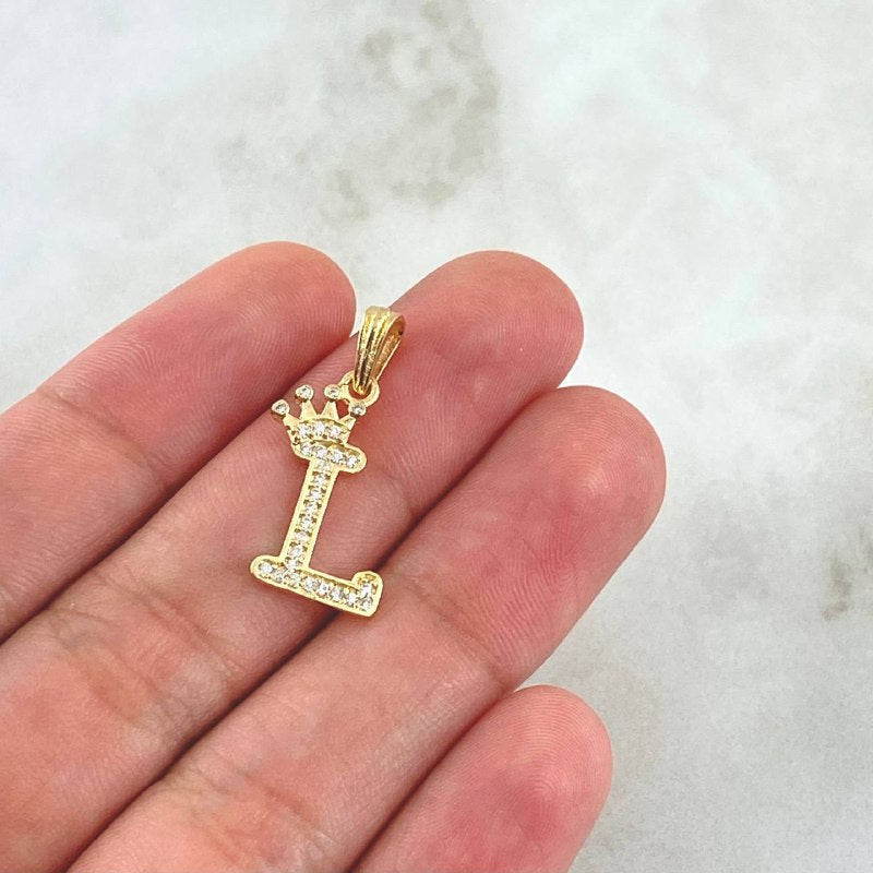 Pendant Letter L Crown 1.25gr / 2.5cm / White Zircons 18K Yellow Gold *