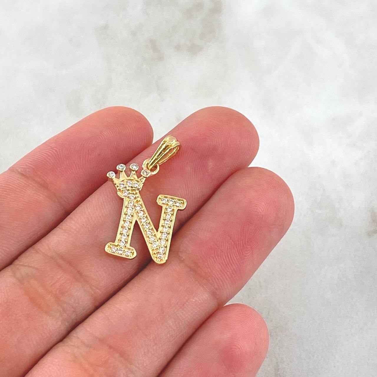 Pendant Letter N Crown 1.7gr / 2.5cm / White Zircons 18K Yellow Gold