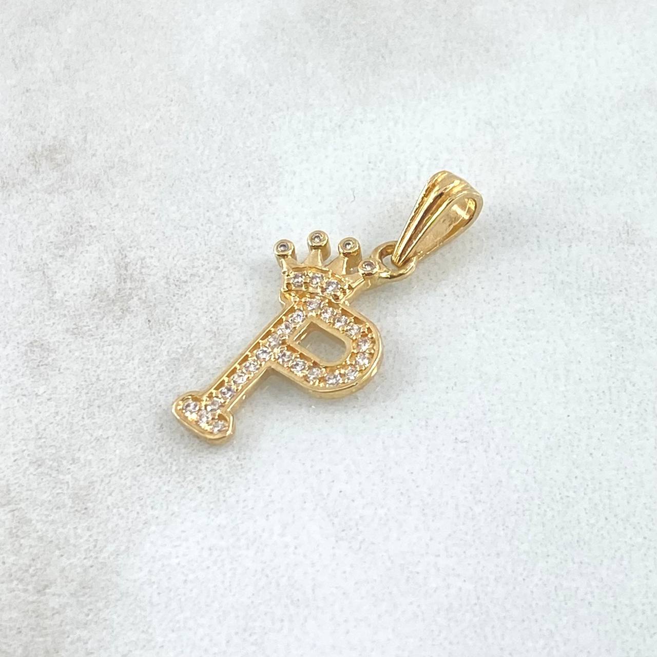 Dije Letra P Corona 1.2gr / 2.5cm / Circones Blancos Oro Amarillo 18K *