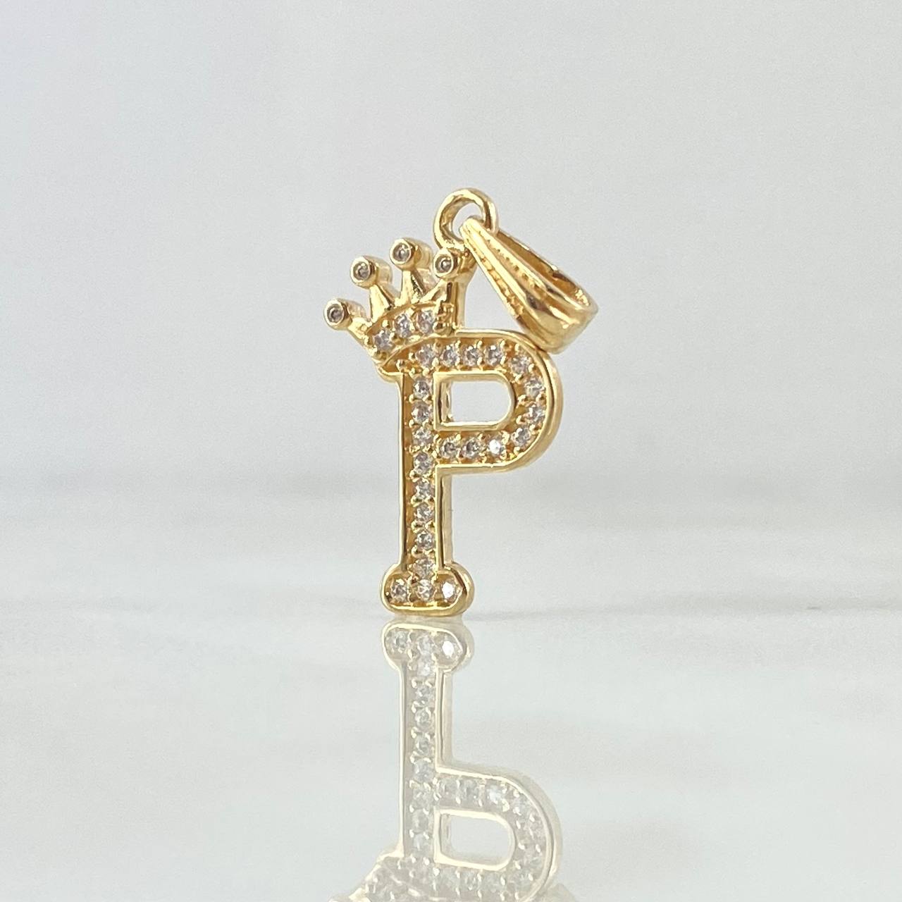 Dije Letra P Corona 1.2gr / 2.5cm / Circones Blancos Oro Amarillo 18K *