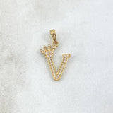 Dije Letra V Corona 1.2gr / 2.5cm / Circones Blancos Oro Amarillo 18K ©