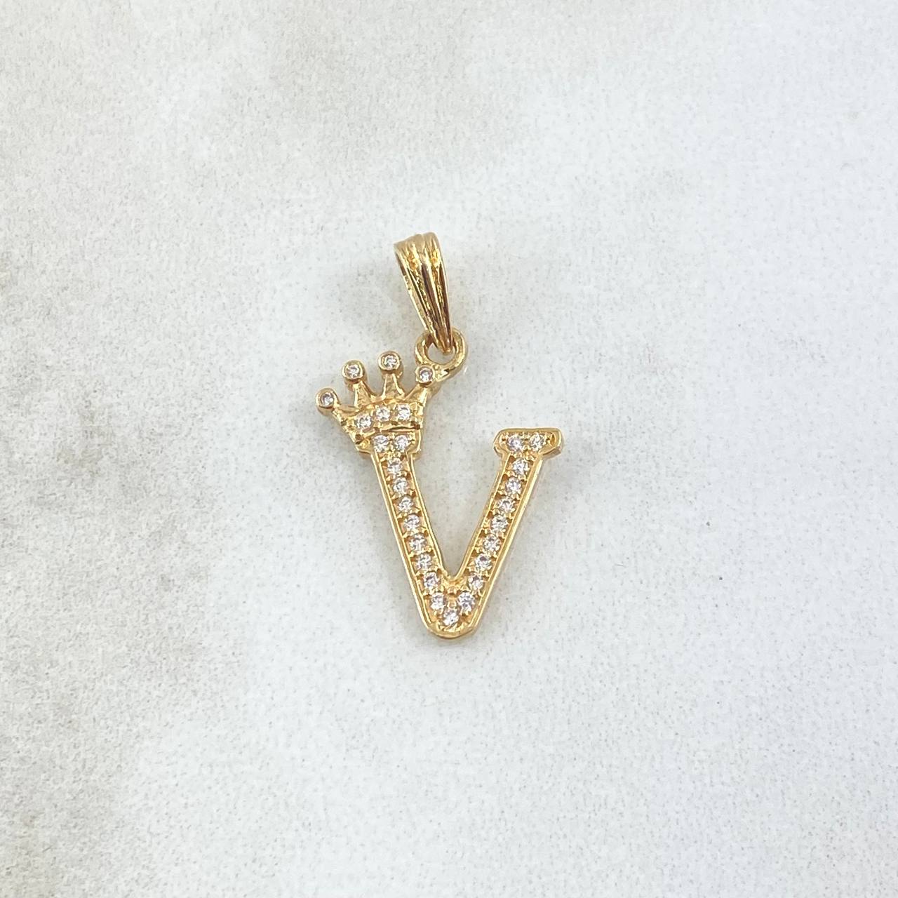Pendant Letter V Crown 1.25gr / 2.5cm / White Zircons 18K Yellow Gold