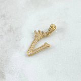 Dije Letra V Corona 1.2gr / 2.5cm / Circones Blancos Oro Amarillo 18K ©