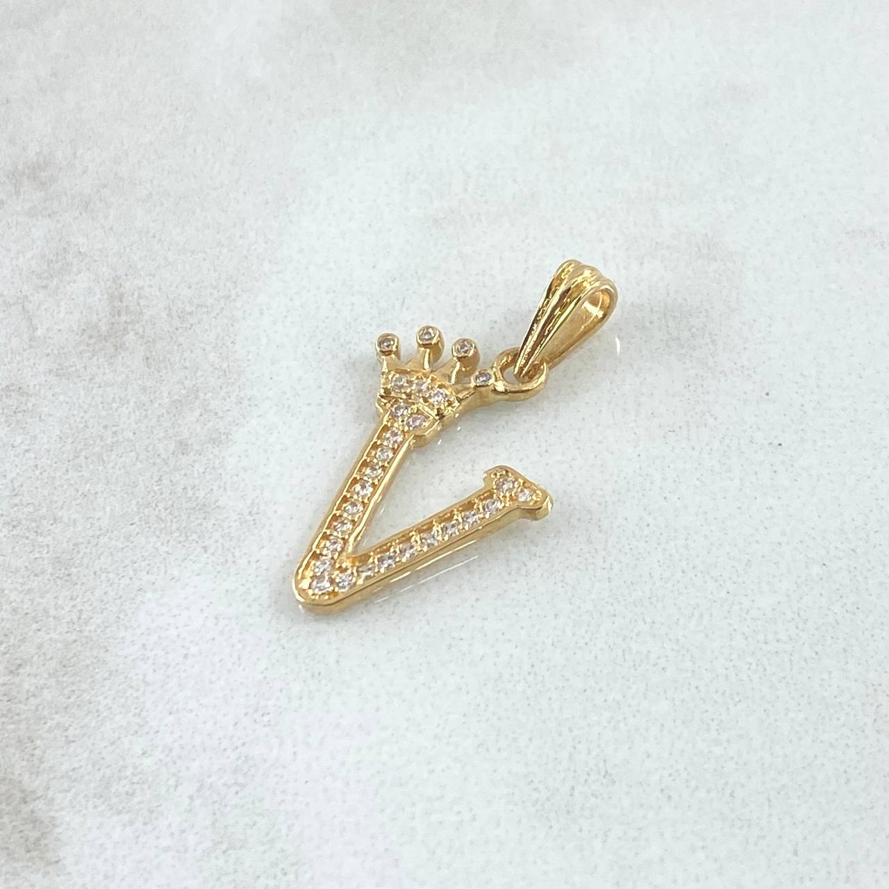 Pendant Letter V Crown 1.25gr / 2.5cm / White Zircons 18K Yellow Gold