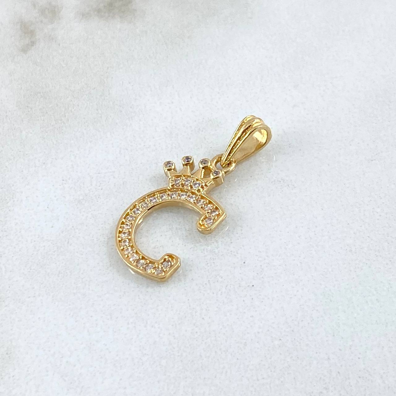 Dije Letra C Corona 1.3gr / 2.5cm / Circones Blancos Oro Amarillo 18K