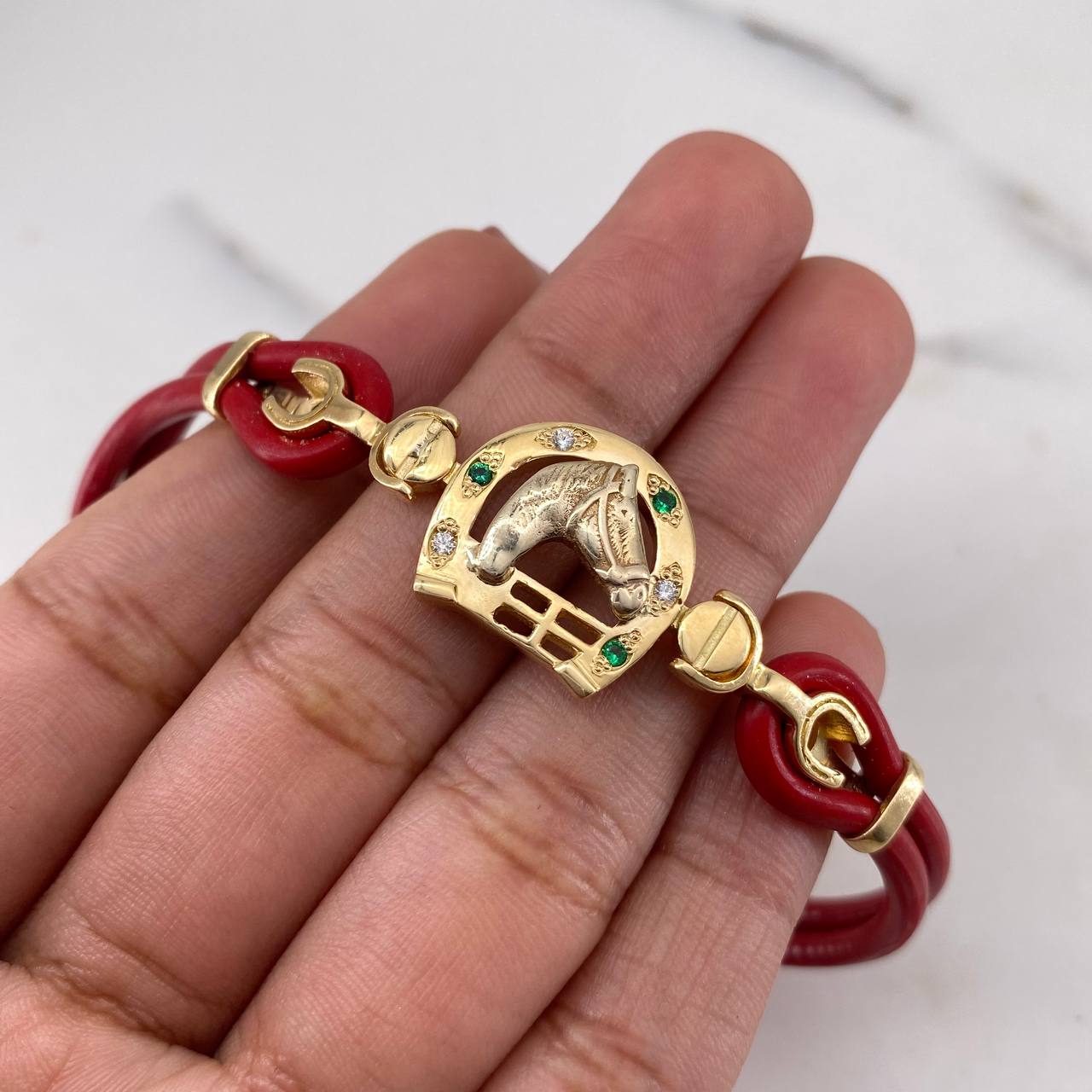 Pulso Herradura Caballo 13gr / 20cm / Circones Verdes Blancos Dos Oros Amarillo Blanco 18K #