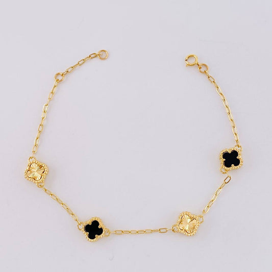 Pulso Cajón Trébol Onix Negro Diamantado 4.45g / 7 1/2 in / 1.6mm Oro Amarillo 18K