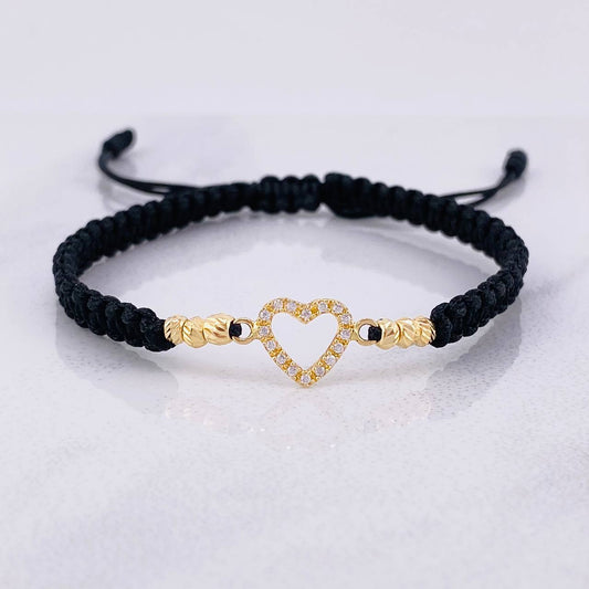 Pulsera Tejida Negra Corazon Oro Amarillo 18K