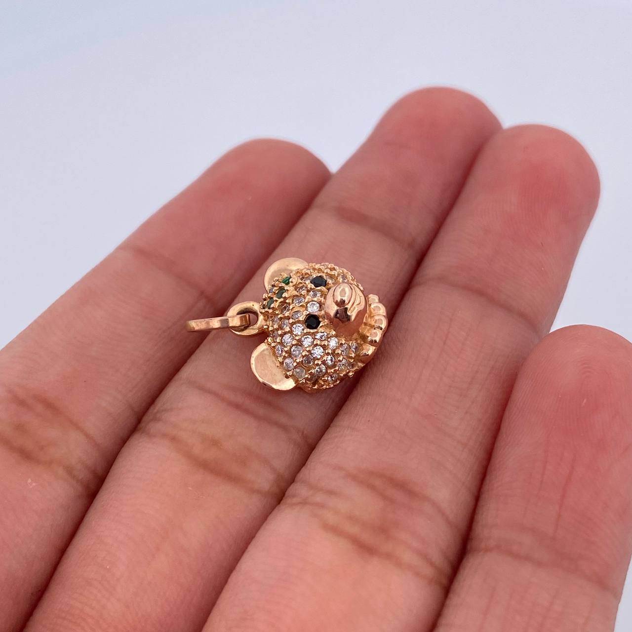 Pendant Bear Face 2gr / 1.6cm / Green Black White Zircons 18K Rose Gold &
