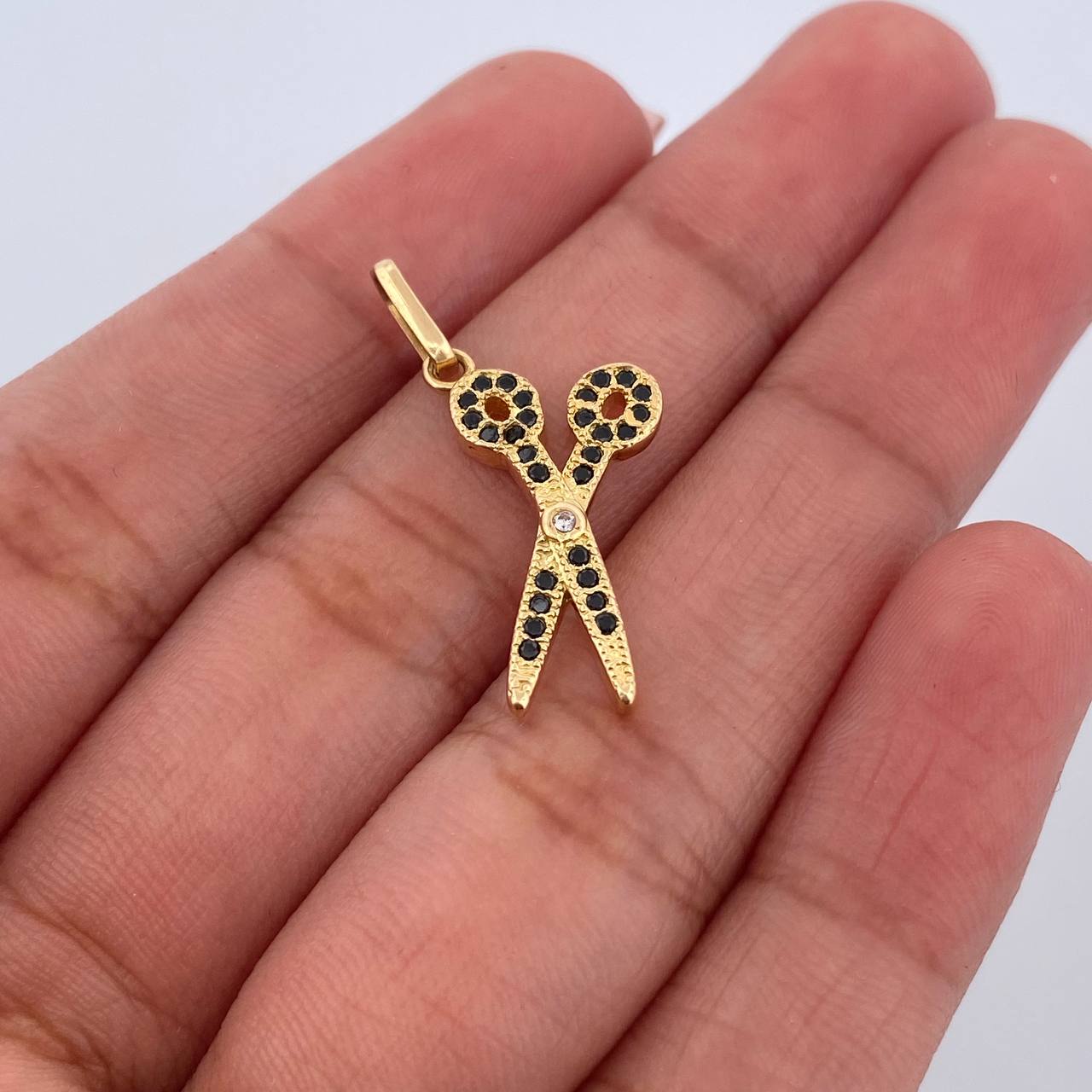 Pendant Scissors 1.75gr / 2.7cm / White Black Zircons 18K Yellow Gold &