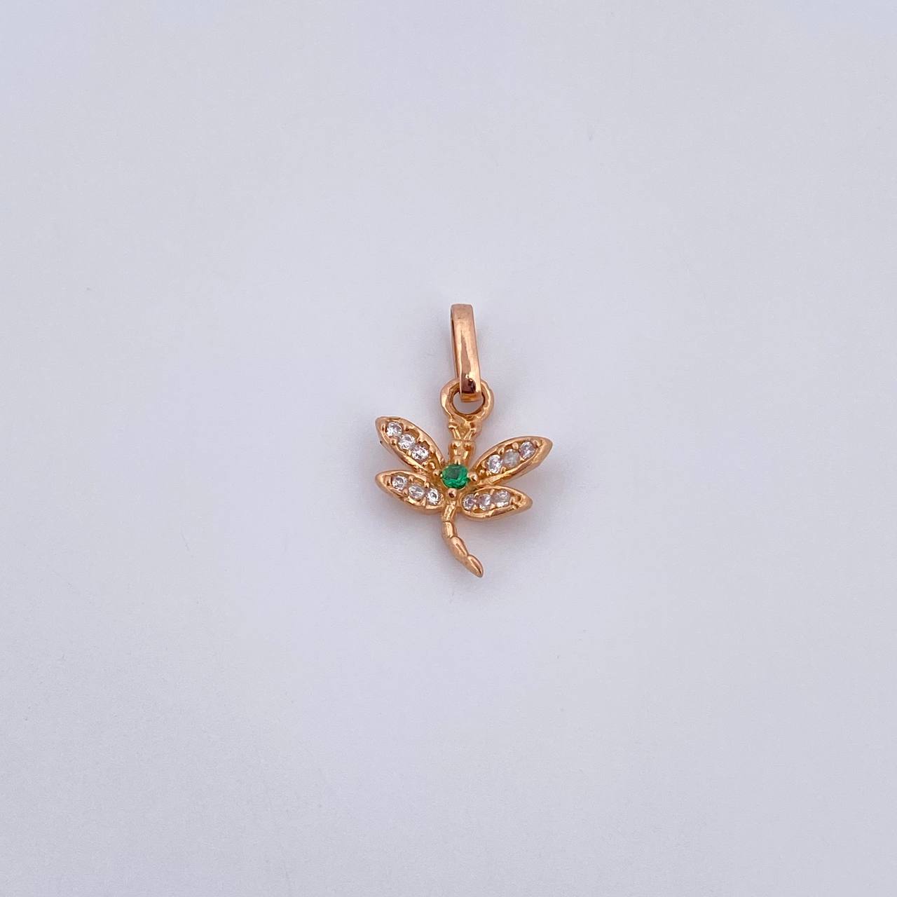 Pendant Dragonfly 0.9gr / 1.6cm / Green and White Zircons 18K Rose Gold &