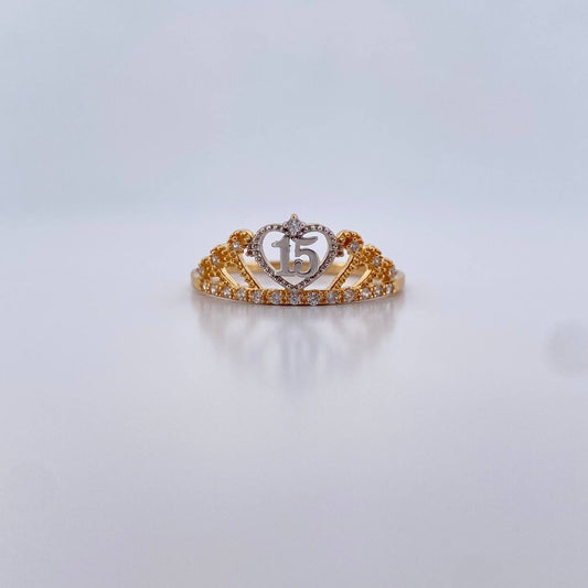 Heart Crown Ring 15's 2.55gr / T10 3/4/ White Zircons Two 18K Yellow and White Golds $