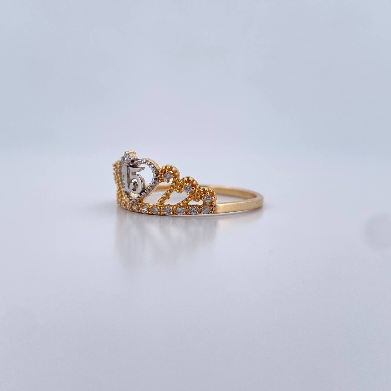 Heart Crown Ring 15's 2.55gr / T10 3/4/ White Zircons Two 18K Yellow and White Golds $