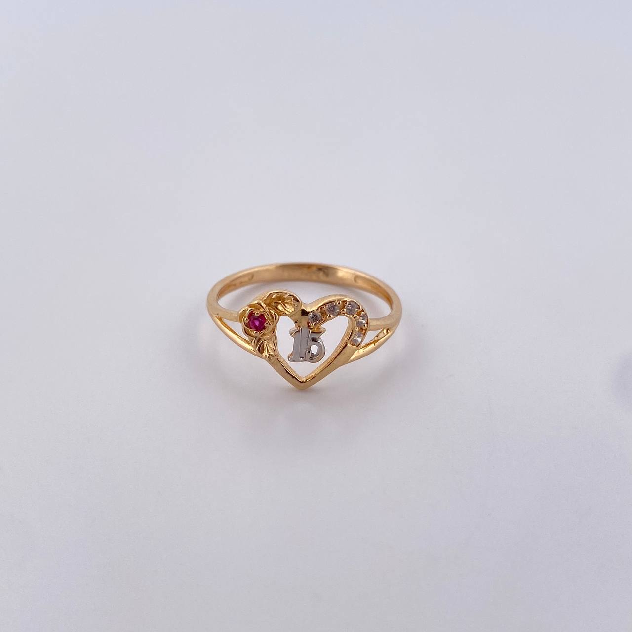 Heart Flower Ring 15's 2.05gr / Size 6 1/2 / White and Fuchsia Zircons Two-tone 18K Yellow and White Gold $