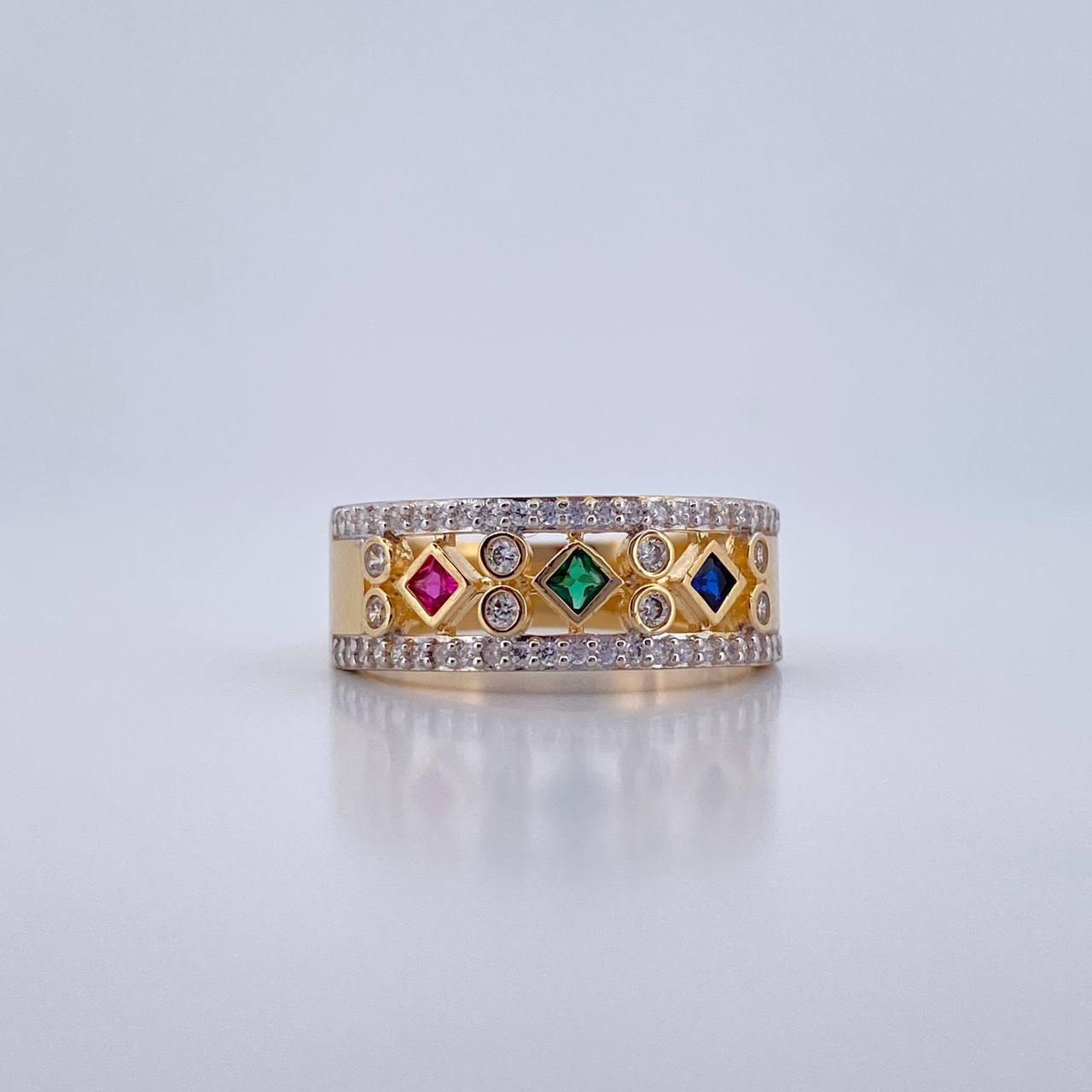 Anillo Rombos 4.5gr / T7 3/4 / Circones Fucsia Verde Azul Blancos Dos Oros Amarillo Blanco 18K $