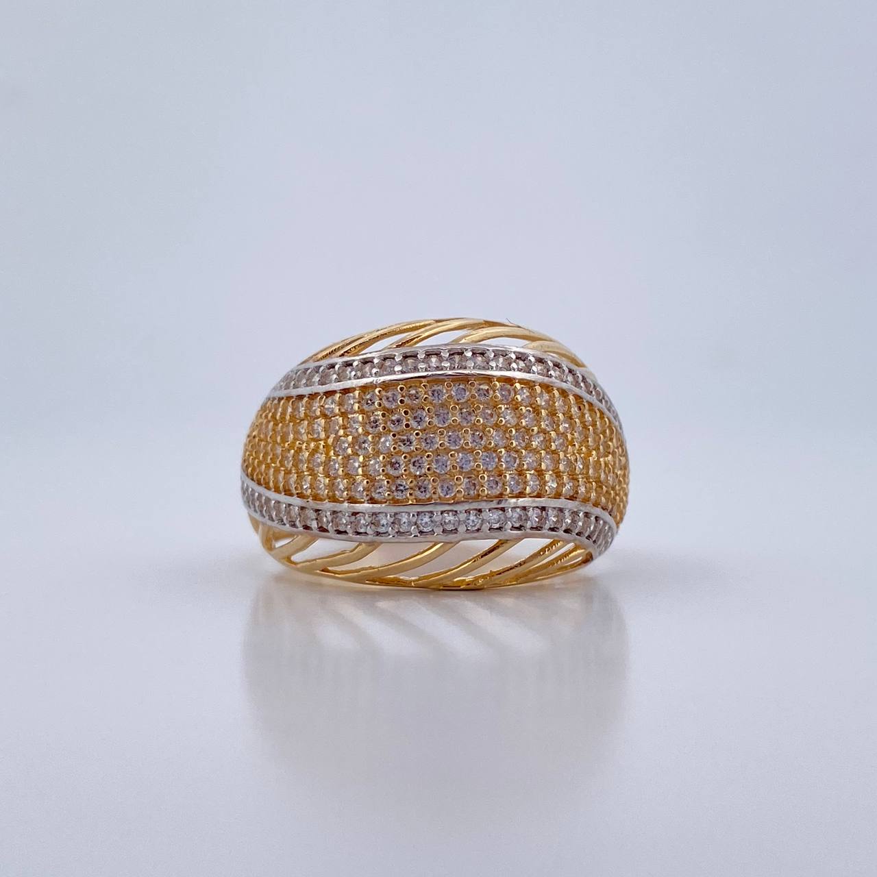 Curved Line Ring 6.5gr / T8 1/4 / White Zircons Two Yellow White Gold 18K $