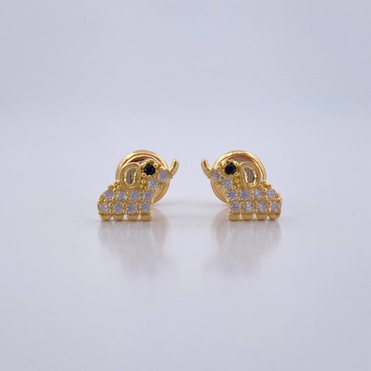Stud Earrings Elephant 0.95gr / Black White Zircons Yellow Gold 18K $