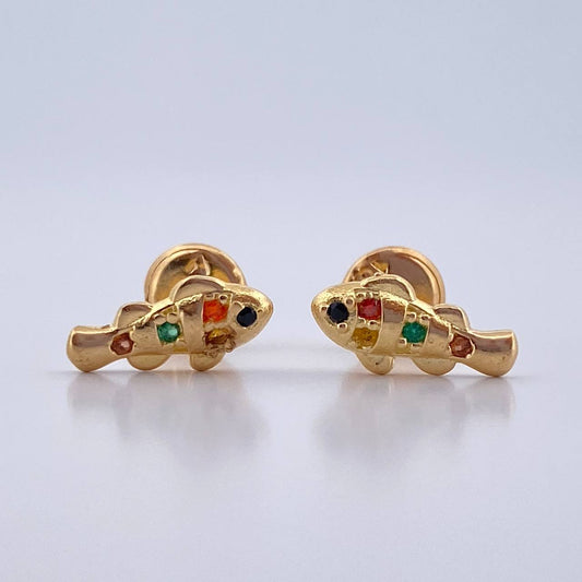 Stud Earrings Fish 1gr / Colored Zircons Yellow Gold 18K $