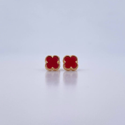 Stud Earrings Clover 1.5gr / Piedra Roja 18K Yellow Gold &