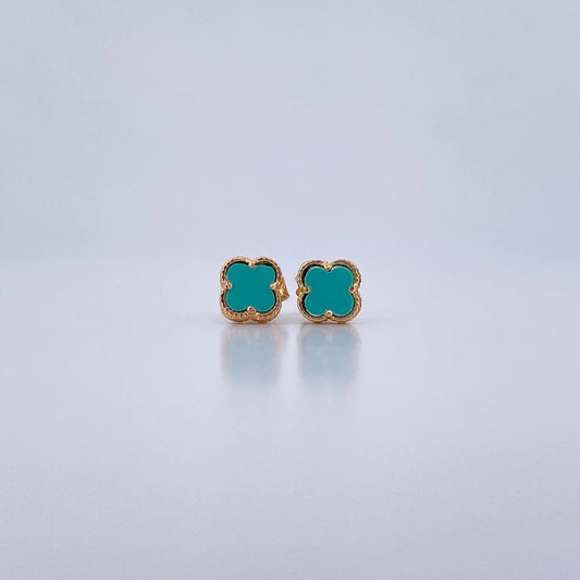 Stud Earrings Clover 1.55gr / Aquamarine Stone 18K Yellow Gold &