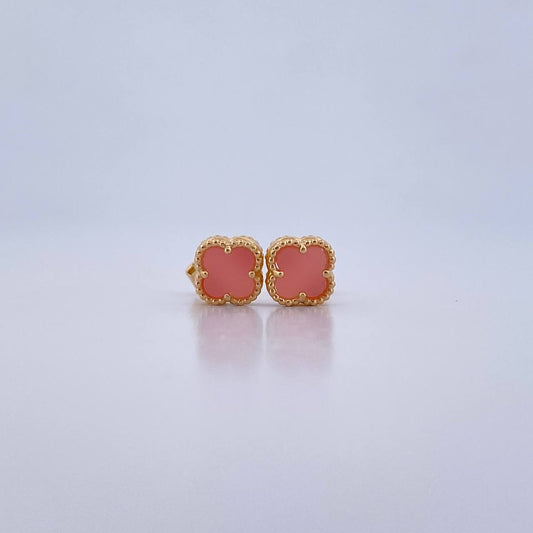Stud Earrings Clover 1.45gr / Pink Stone 18K Yellow Gold &