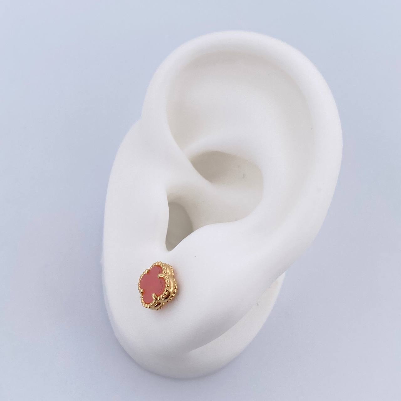 Stud Earrings Clover 1.45gr / Pink Stone 18K Yellow Gold &