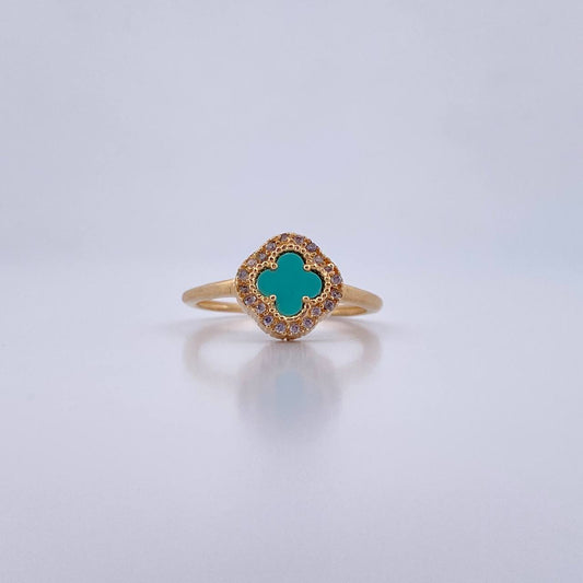 Anillo Trebol 2.75gr / T7 1/4 / Piedra Aguamarina Circones Blancos Oro Amarillo 18K &