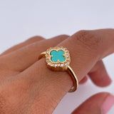 Anillo Trebol 2.75gr / T7 1/4 / Piedra Aguamarina Circones Blancos Oro Amarillo 18K &