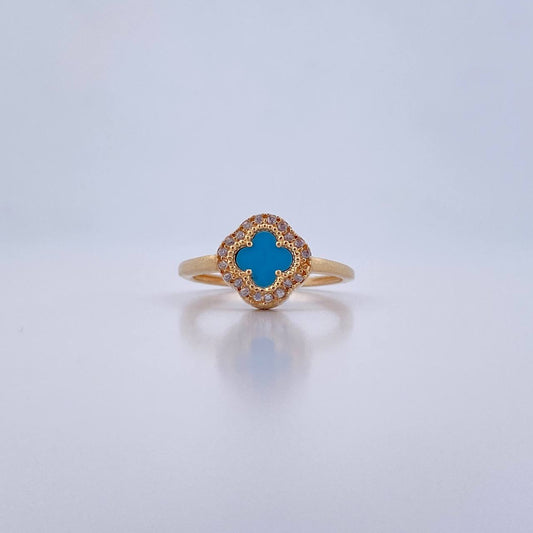 Anillo Trebol 3.15gr / T7 / Turqueza Circones Blancos Oro Amarillo 18K &
