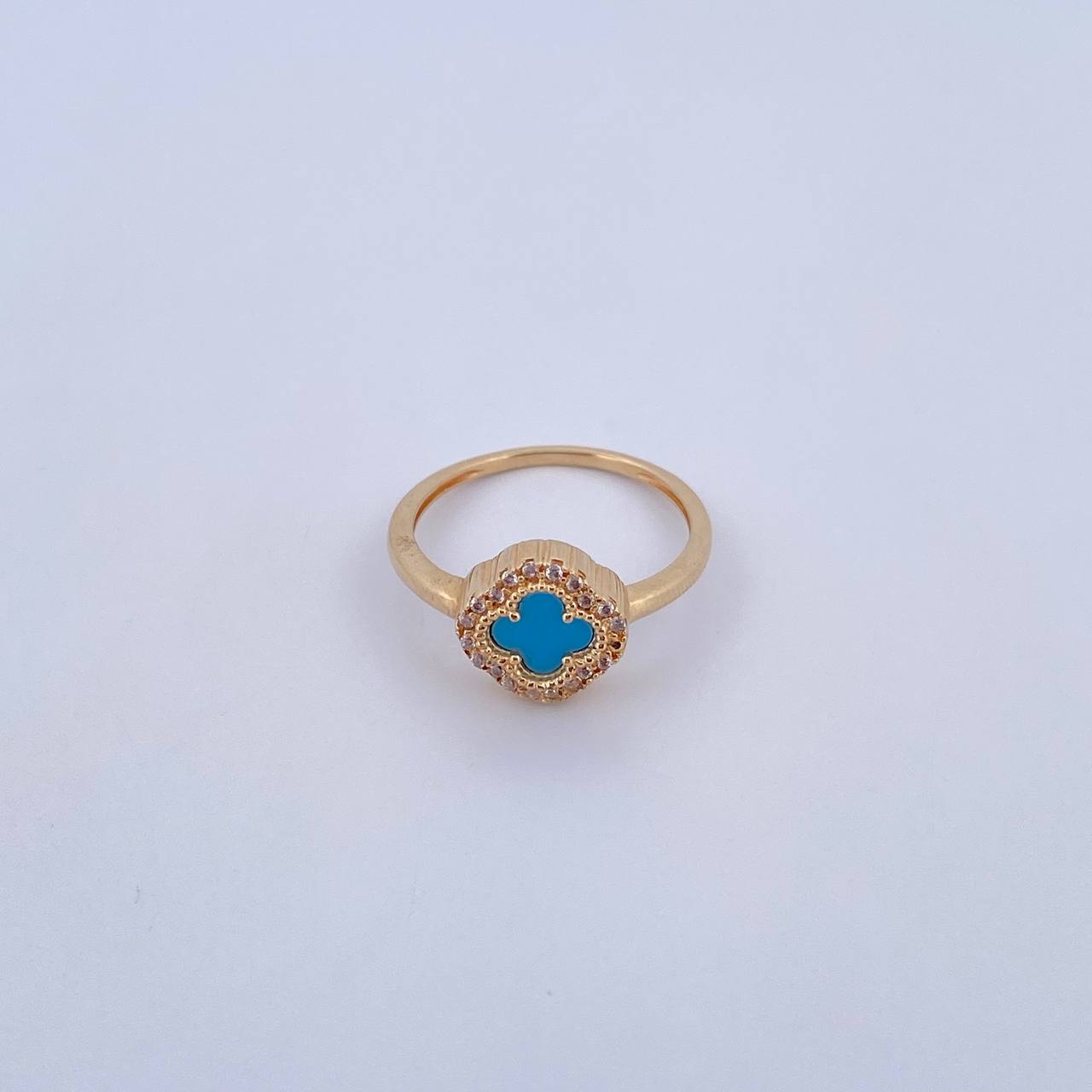 Anillo Trebol 3.15gr / T7 / Turqueza Circones Blancos Oro Amarillo 18K &