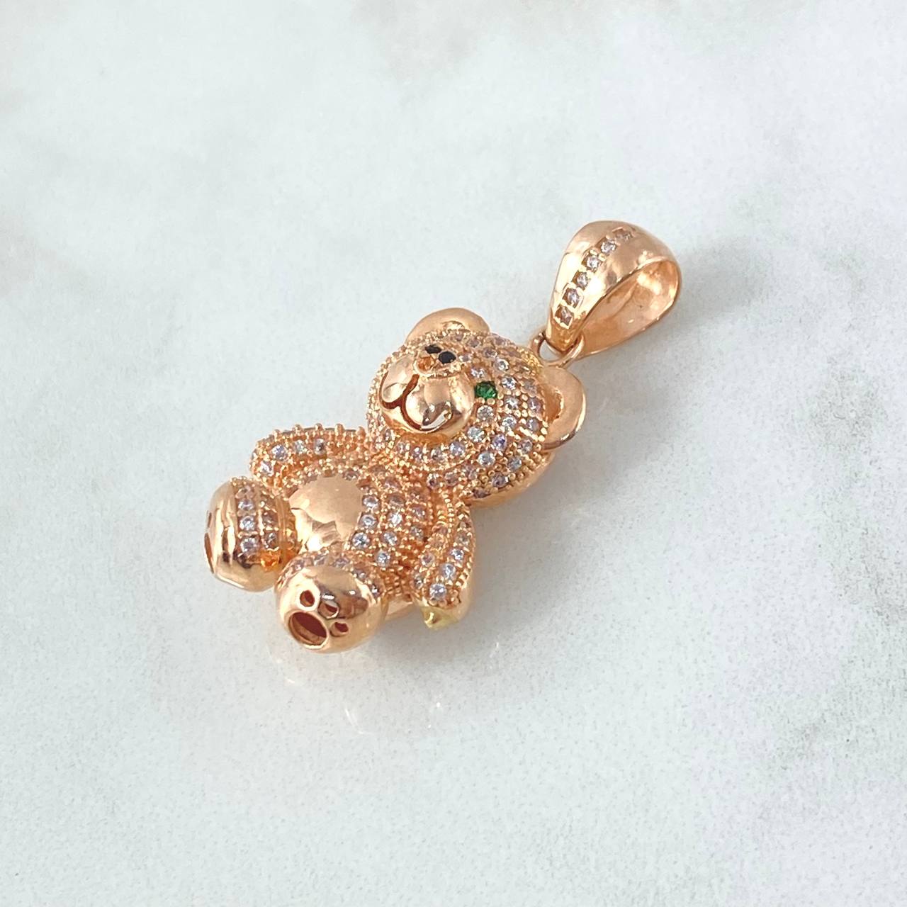 Pendant Bear 7.6gr / 3.5cm / White Zircons - Green Eyes 18K Rose Gold *