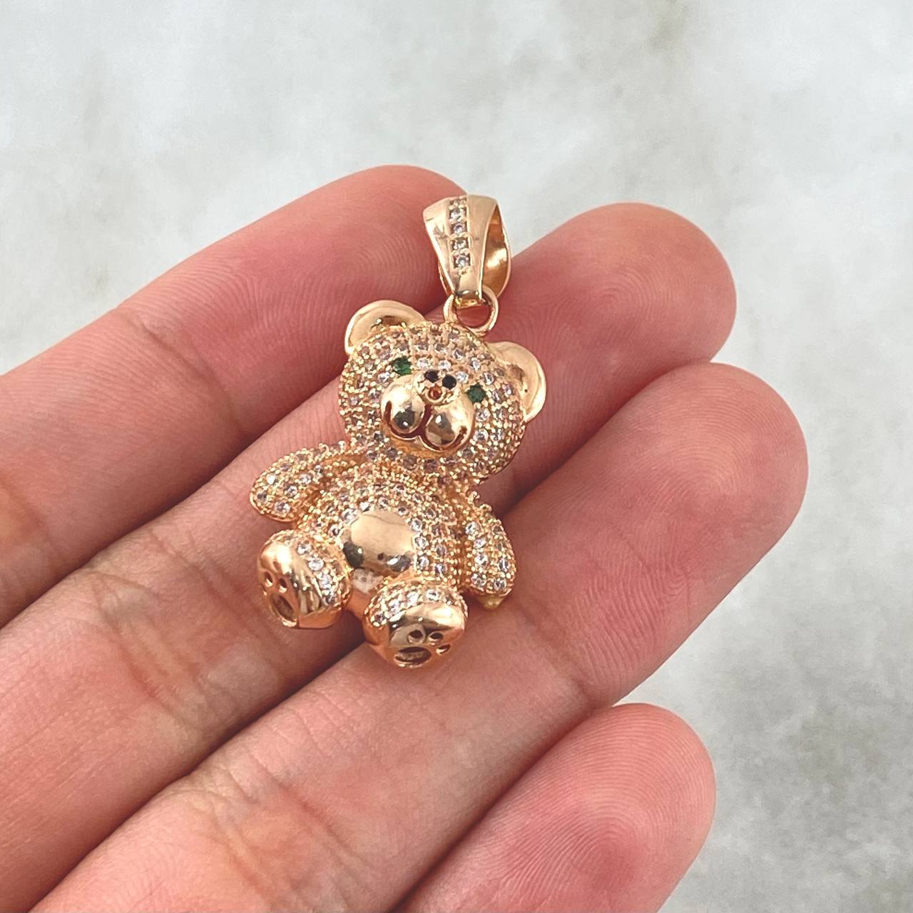 Pendant Bear 7.6gr / 3.5cm / White Zircons - Green Eyes 18K Rose Gold *