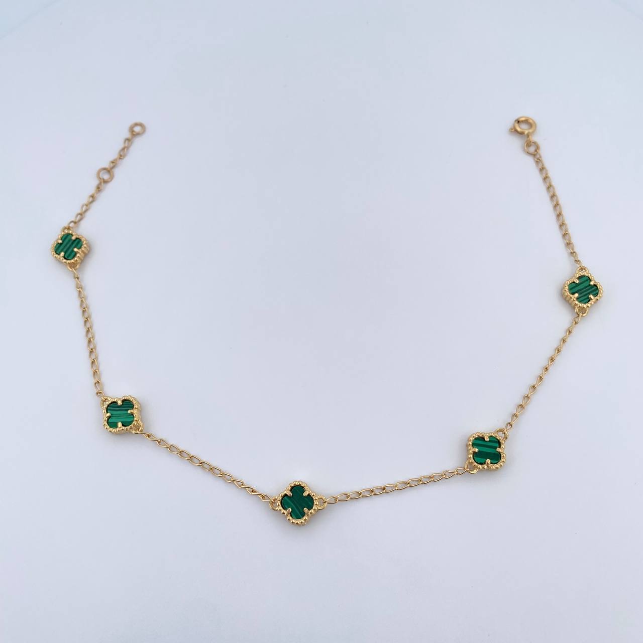 Tobillera Espiga Trebol 5gr / 22.5cm-24cm / 1.3mm Malaquita Verde Oro Amarillo 18K $