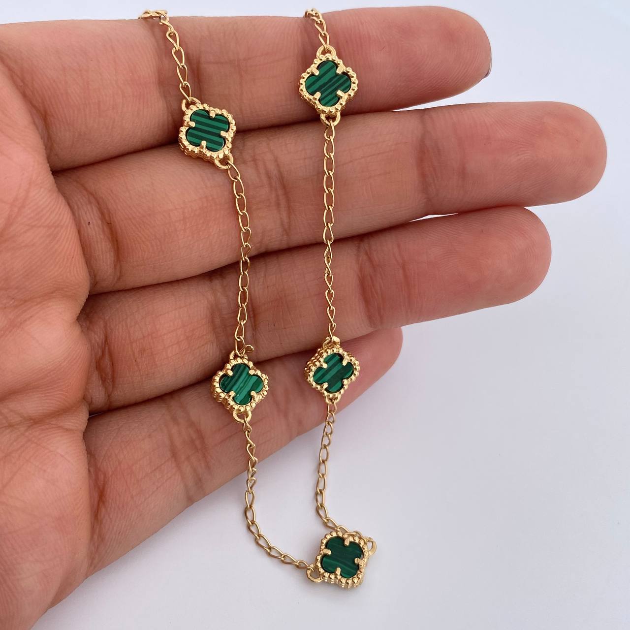 Tobillera Espiga Trebol 5gr / 22.5cm-24cm / 1.3mm Malaquita Verde Oro Amarillo 18K $